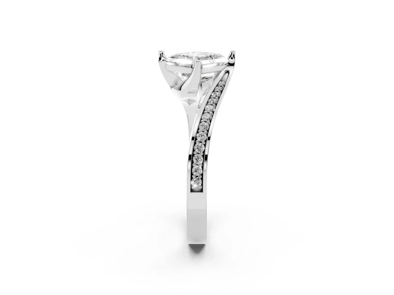Asscher Cut Solitaire Diamond Twist Band with Pavé Setting and Four-Prong Setting Platinum