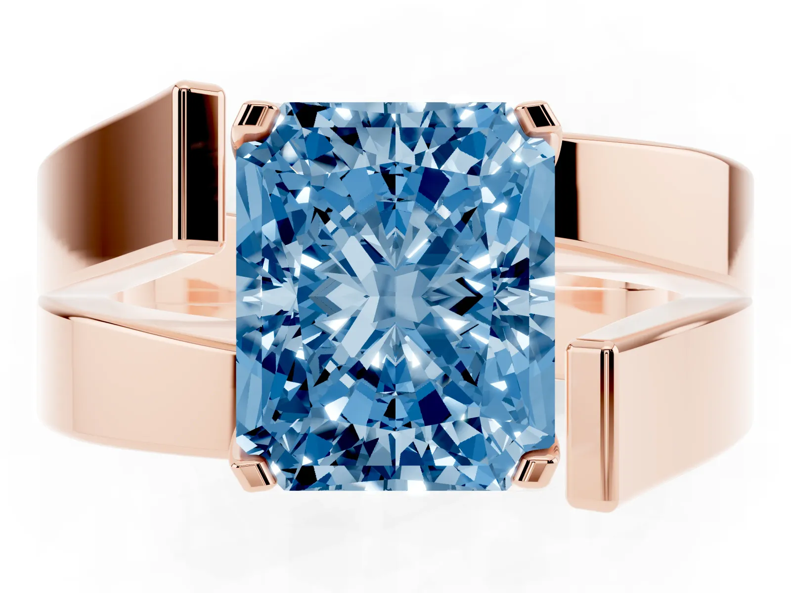 Fancy Blue Modern Tension Set Radiant Cut Diamond Solitaire Wide Band Ring Rose gold