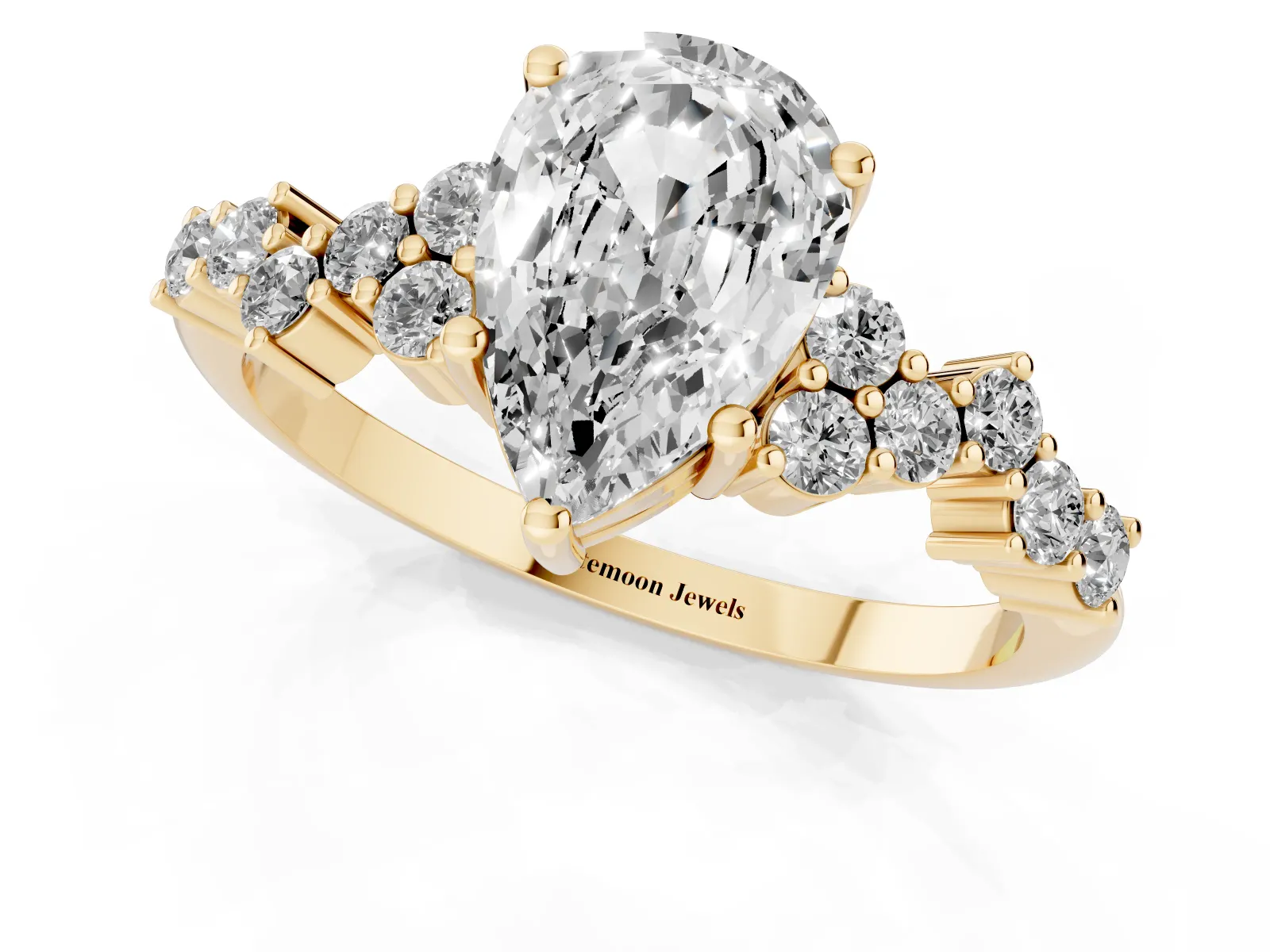 Pear Cut Diamond Scattered Round Accent Ring with Prong Setting Yellow gold