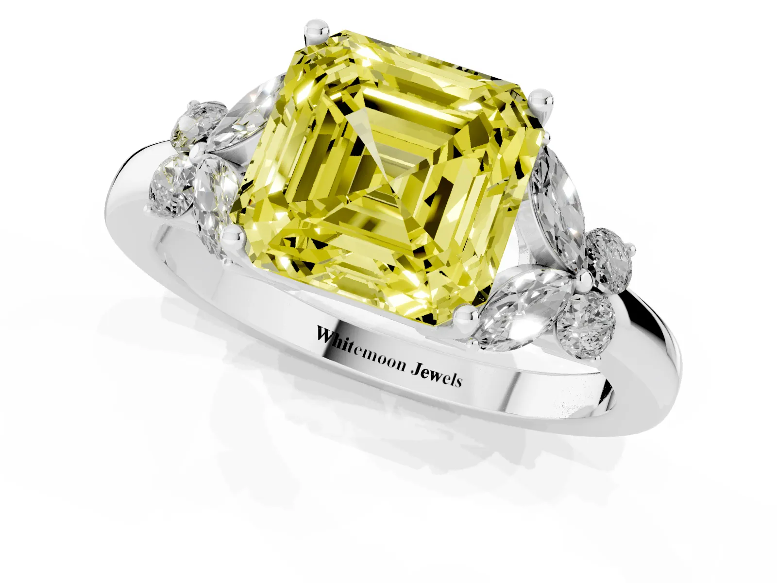 Fancy Yellow Asscher Cut Cut Solitaire Floral Diamond Ring with Four-Prong Setting Platinum
