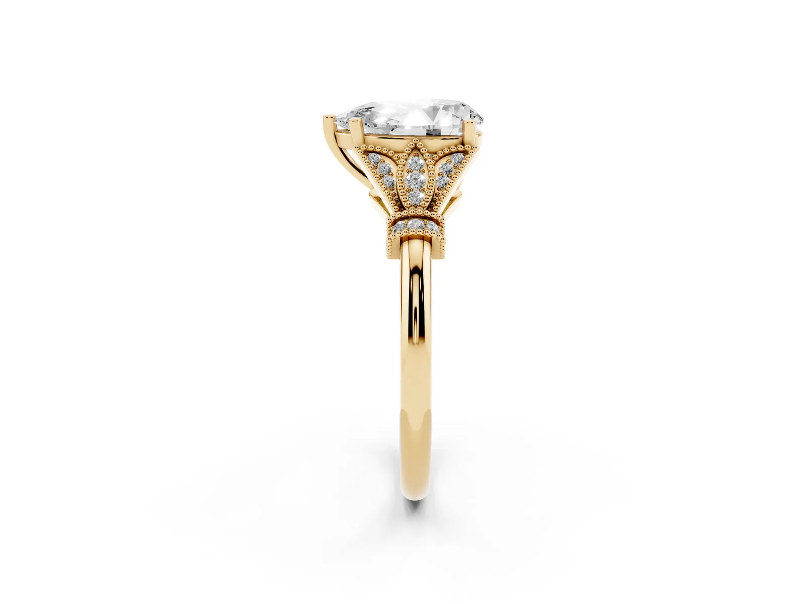 Pear Cut Diamond Solitaire Ring with Floral Filigree and Pave Accents Yellow gold