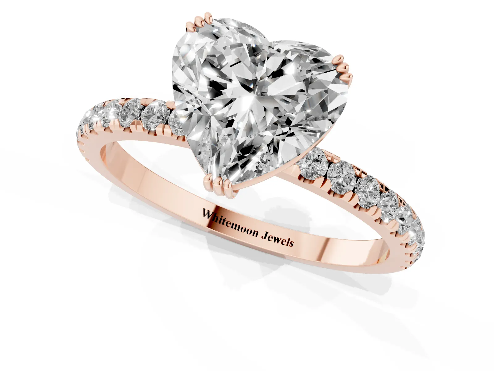 Heart Cut Brilliant Solitaire with Pavé Band and Claw Prong Setting Rose gold