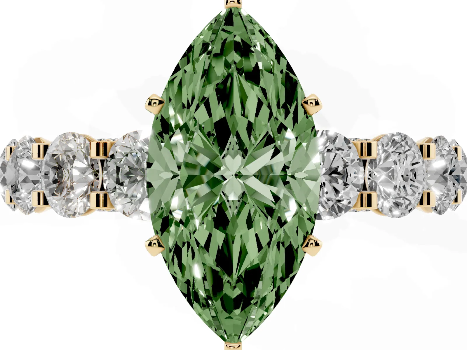 Fancy Green Marquise Cut Diamond Side Stone Engagement Ring with Four-Prong Setting Yellow gold