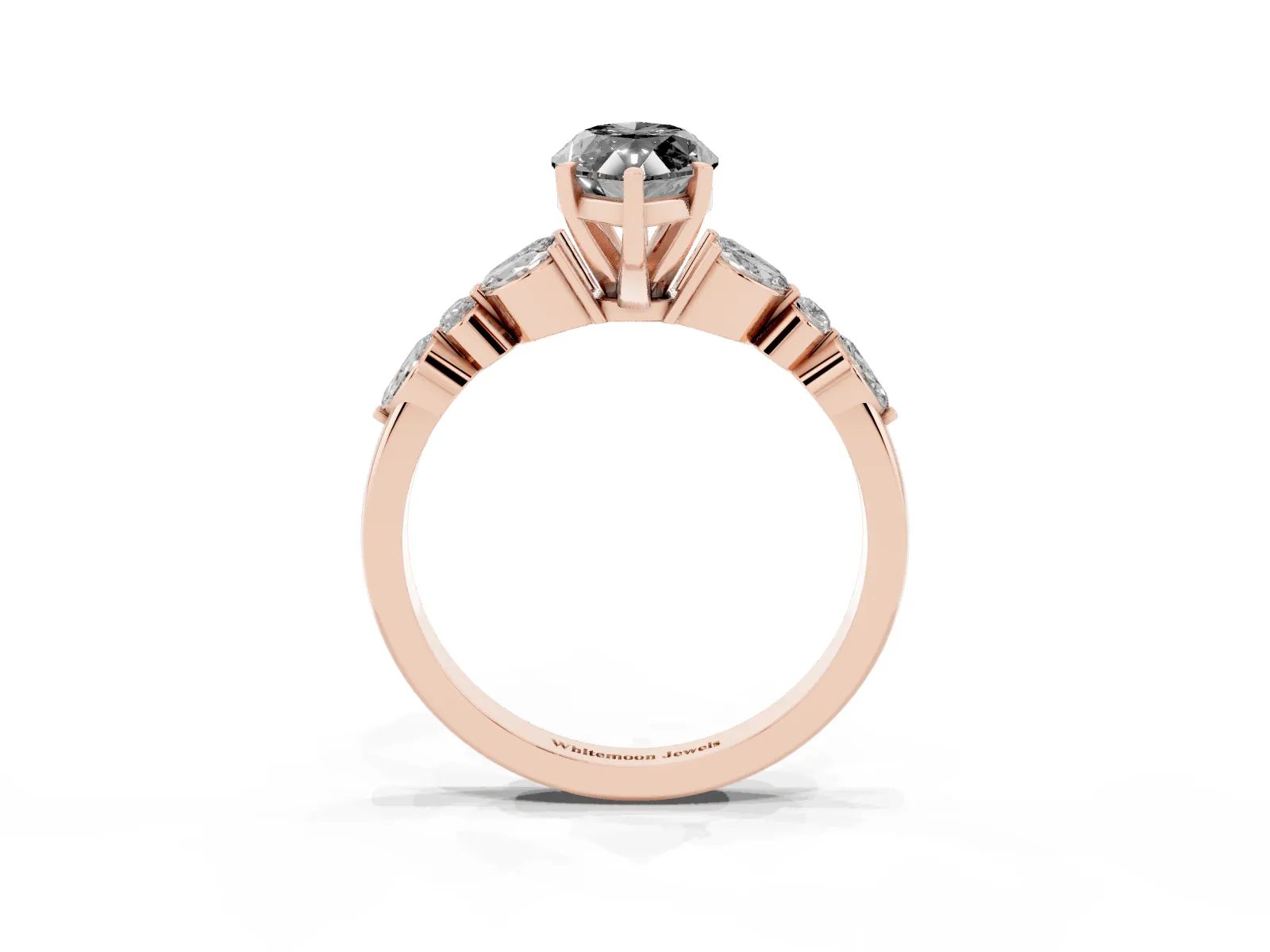 Fancy Black Marquise Cut Diamond Solitaire Ring with Side Stones and Four-Prong Setting Rose gold