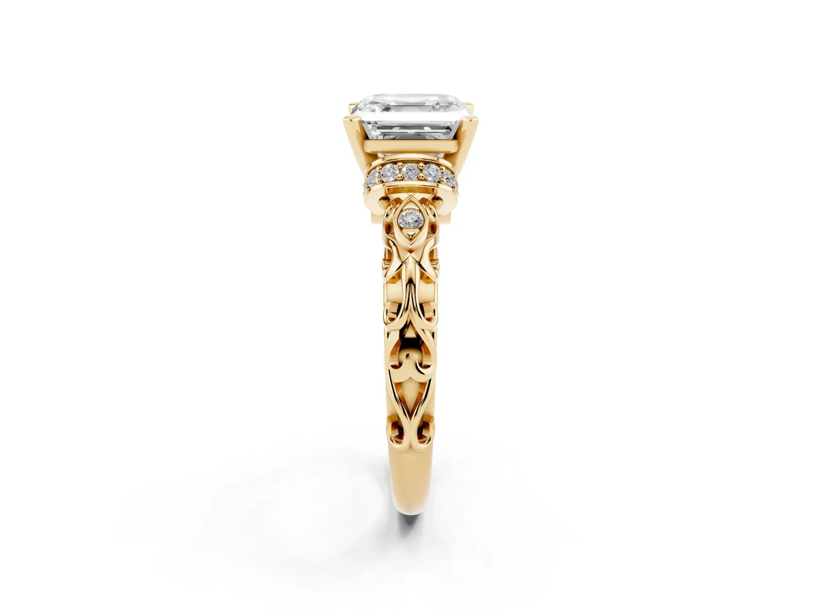 Asscher Cut Diamond Solitaire Ring with Filigree Band and Four-Prong Setting Yellow gold