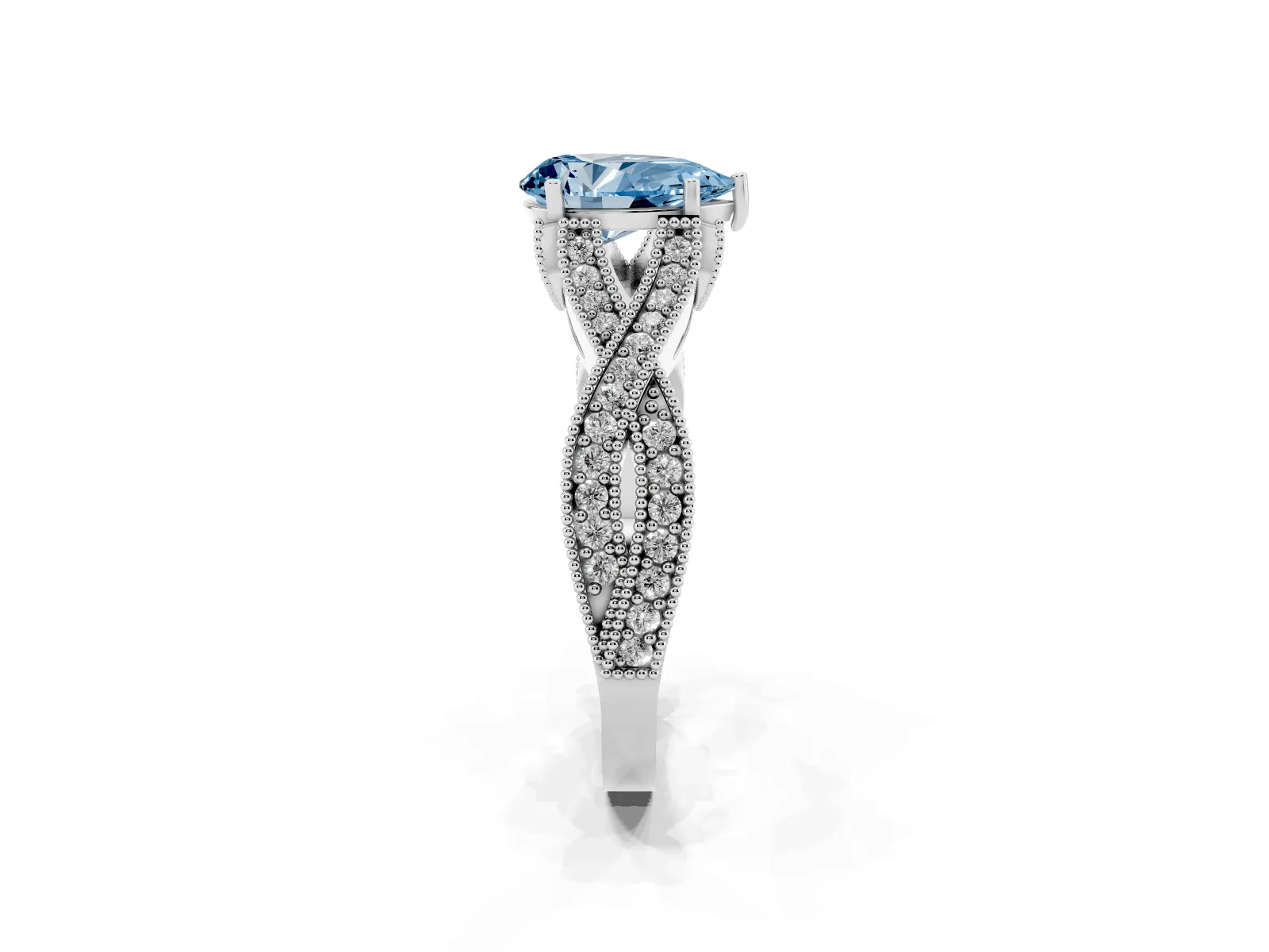 Fancy Blue Pear Cut Cut Diamond Twisted Band with Milgrain Pave Setting and Four-Prong Setting Platinum