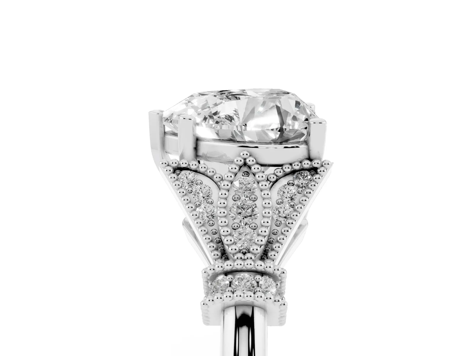 Heart Cut Diamond Solitaire Ring with Floral Filigree and Pave Accents Platinum