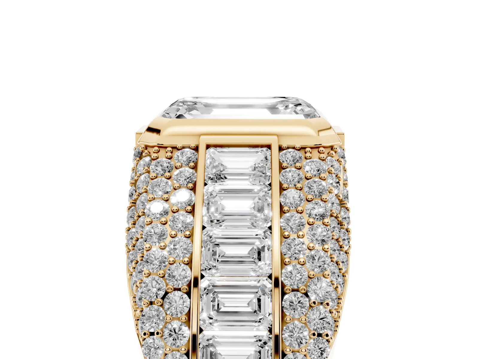 Emerald Cut Diamond Mens Ring with Side Stones Yellow gold