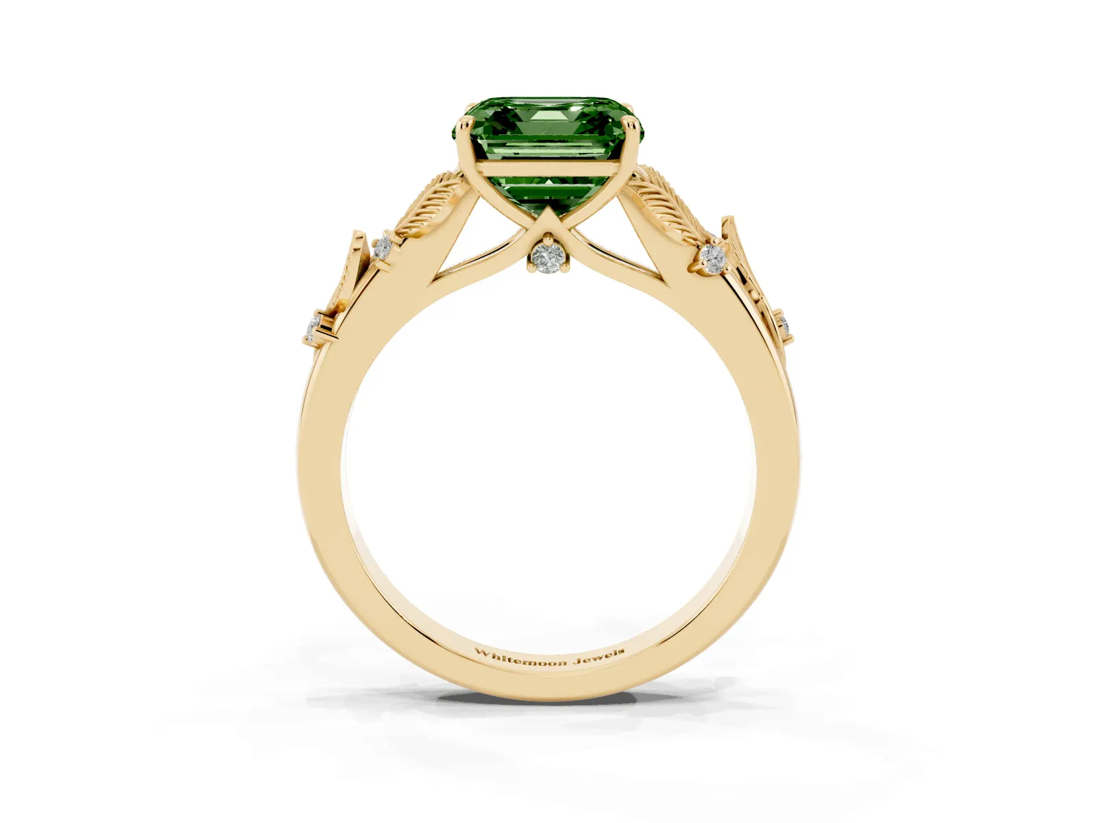 Fancy Green Asscher Cut Diamond Solitaire Ring with Leaf Motif Band and Four-Prong Setting Yellow gold