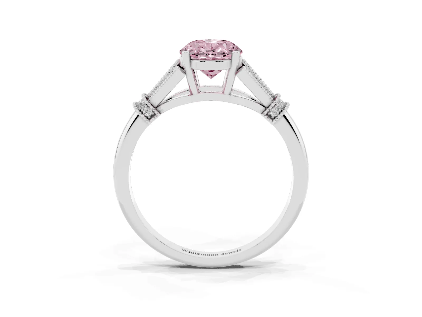Fancy Pink Oval Cut Diamond Solitaire Ring with Floral Filigree and Pave Accents White gold