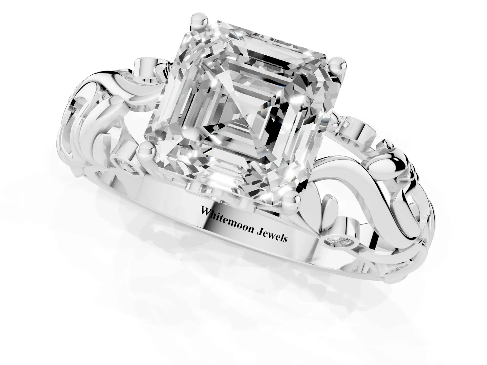 Asscher Cut Solitaire Diamond Leaf-Inspired Vine Band Ring with Prong Setting Silver