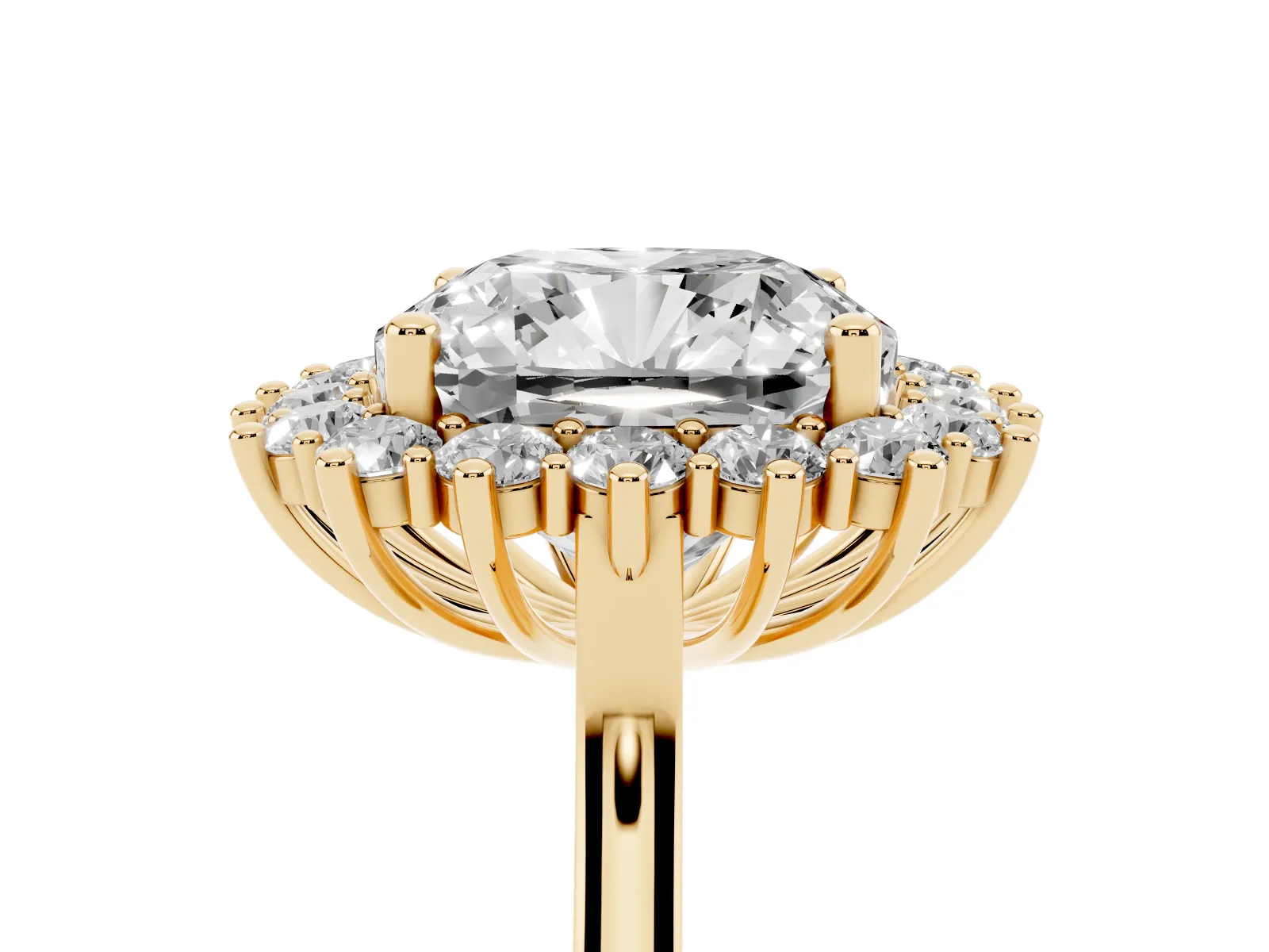 Cushion Diamond Halo Engagement Ring with Round Diamond Accents Yellow gold