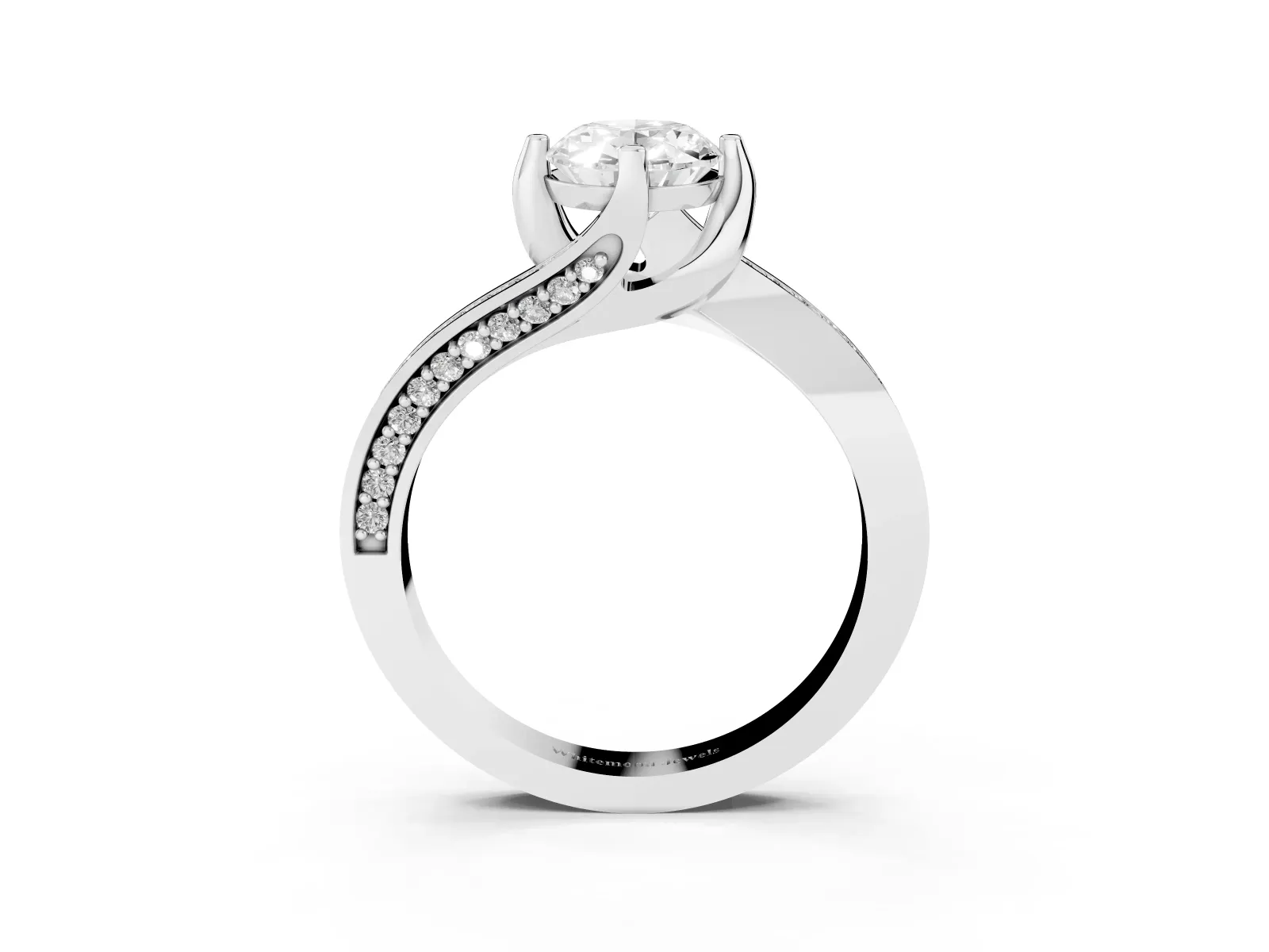 Oval Cut Solitaire Diamond Twist Band with Pavé Setting and Four-Prong Setting Platinum