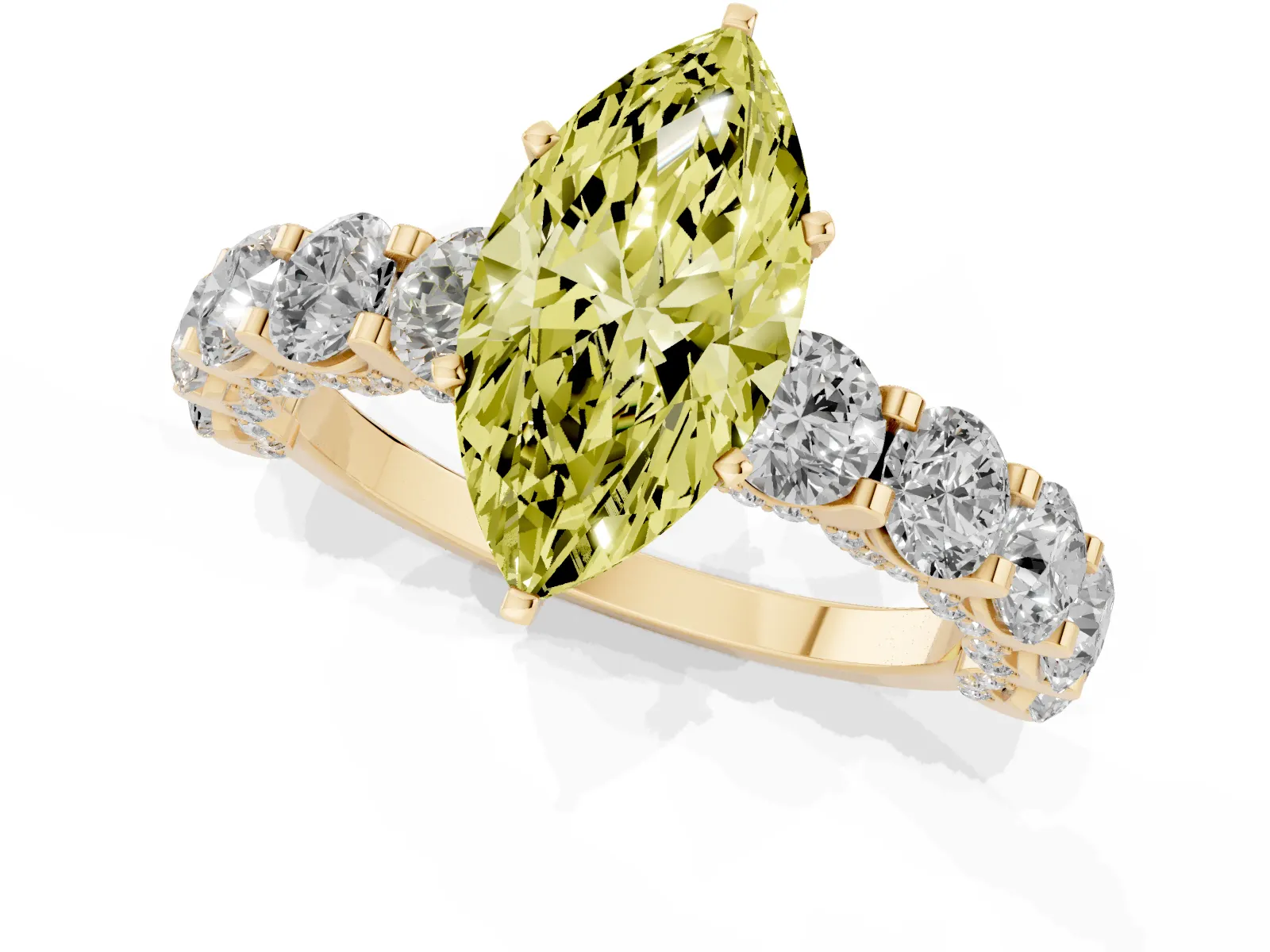 Fancy Yellow Marquise Cut Diamond Side Stone Engagement Ring with Four-Prong Setting Yellow gold
