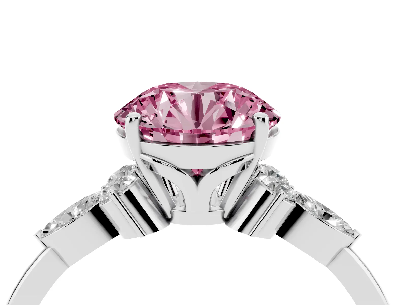 Fancy Pink Round Cut Brilliant Diamond Solitaire Ring with Pear Side Stones and Four-Prong Setting Platinum