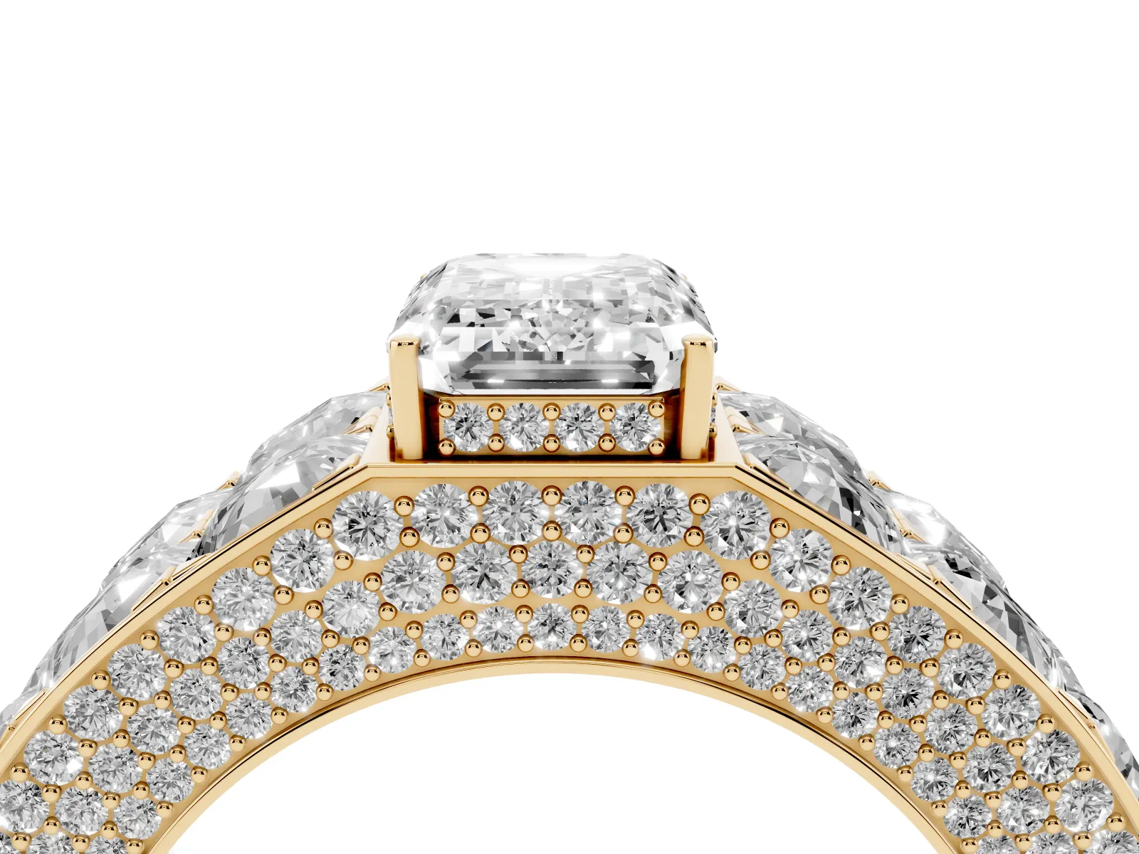 Emerald Cut Diamond Radiant Pavé Mens Ring Yellow gold