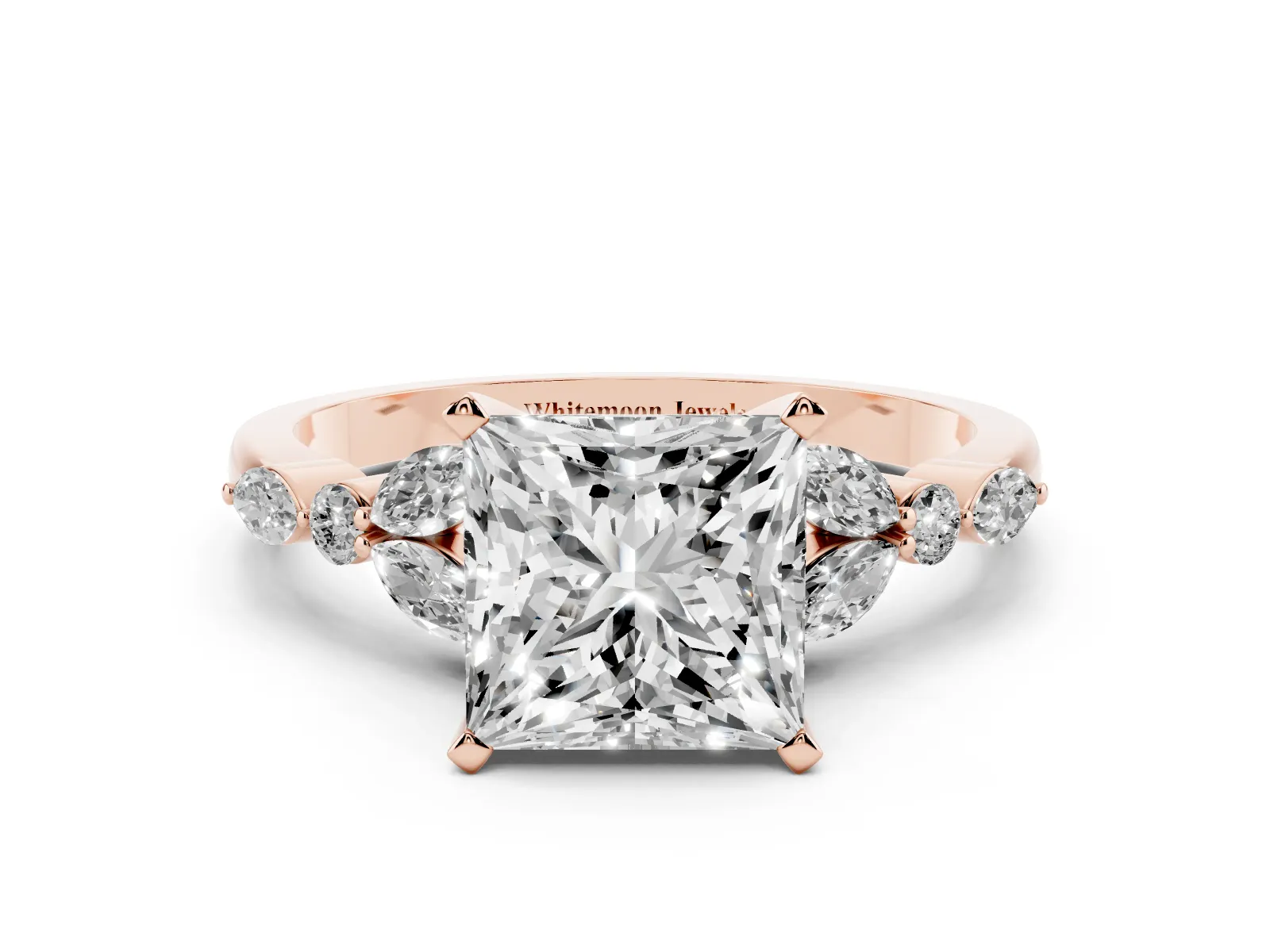 Princess Cut Diamond Solitaire Ring with Side Stones and Four-Prong Setting Rose gold