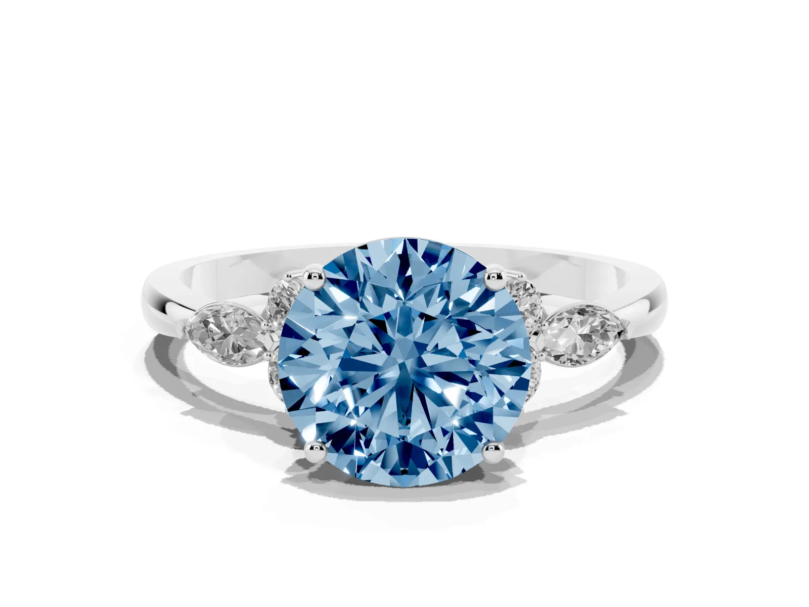 Fancy Blue Round Cut Brilliant Diamond Solitaire Ring with Pear Side Stones and Four-Prong Setting Platinum