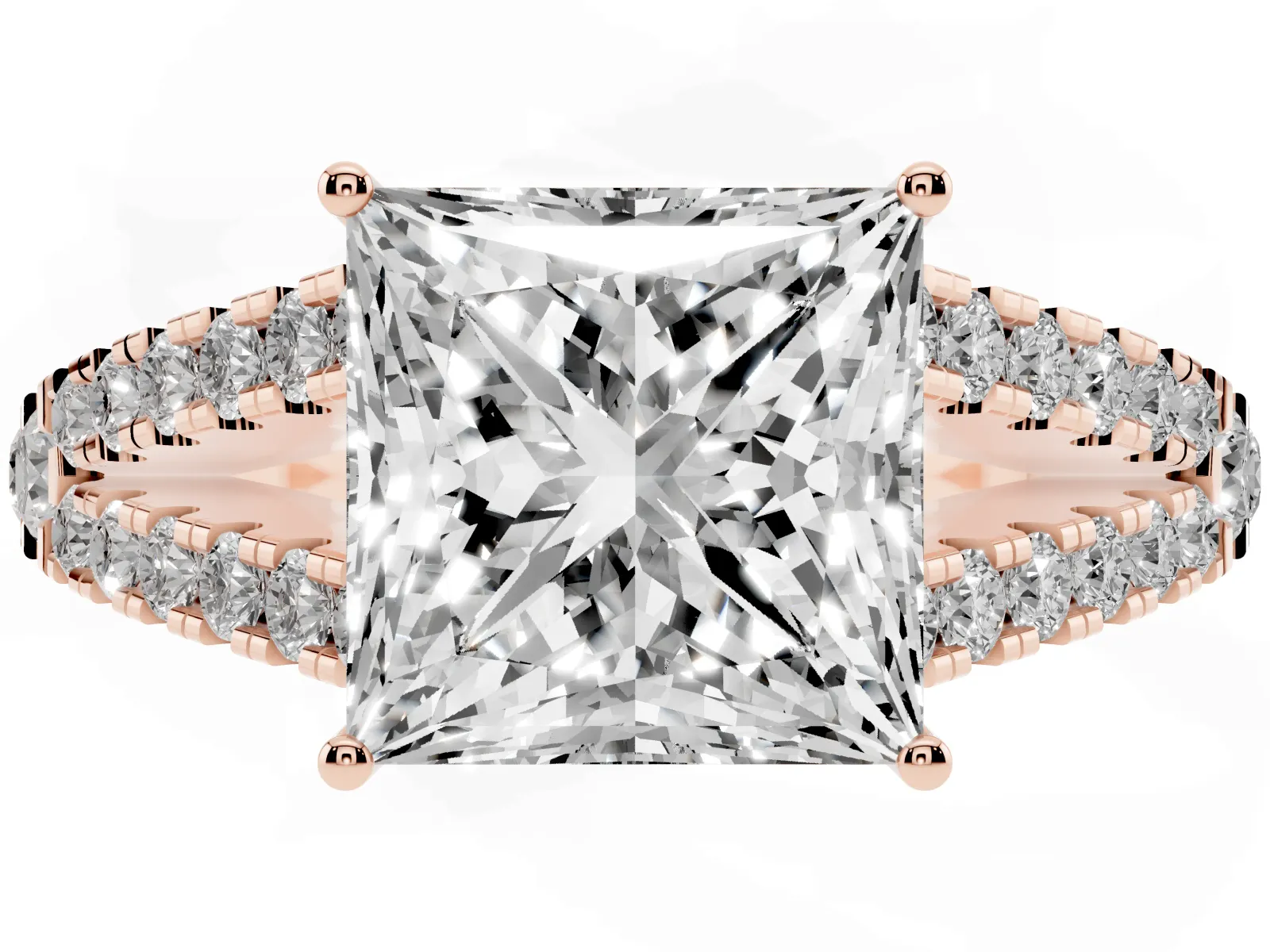Princess Cut Diamond Split Shank Engagement Ring with Round Pavé and Prong Setting Rose gold