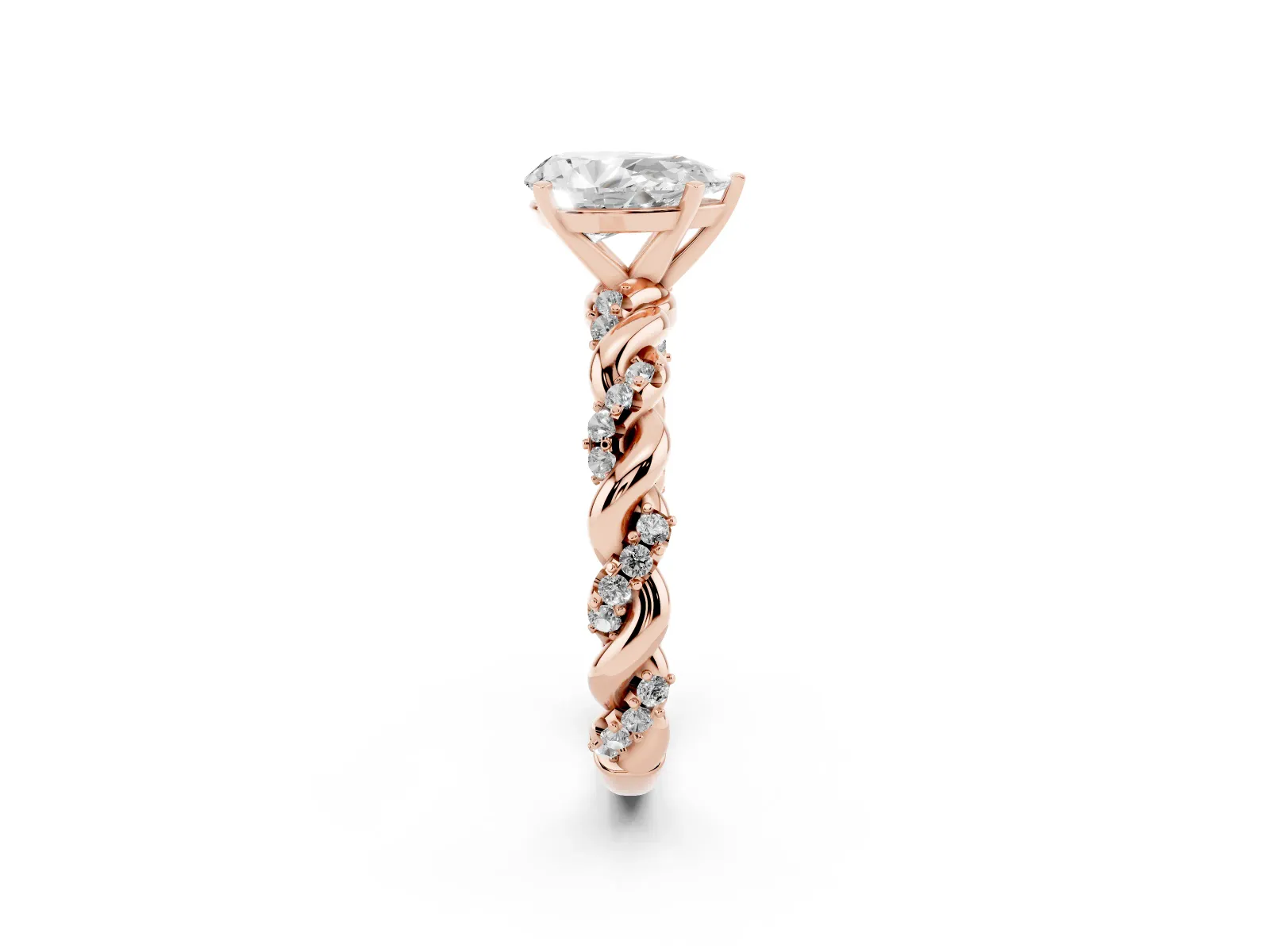 Pear Cut Diamond Solitaire Ring with Twisted Band and Pavé Accents Rose gold