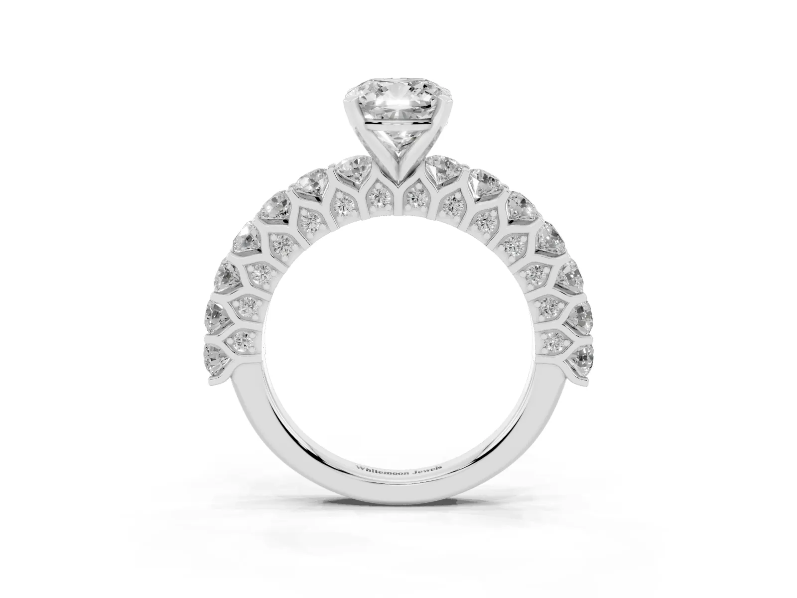 Cushion Cut Diamond Solitaire Ring with Shared Prong Pavé Band and Four-Prong Setting White gold