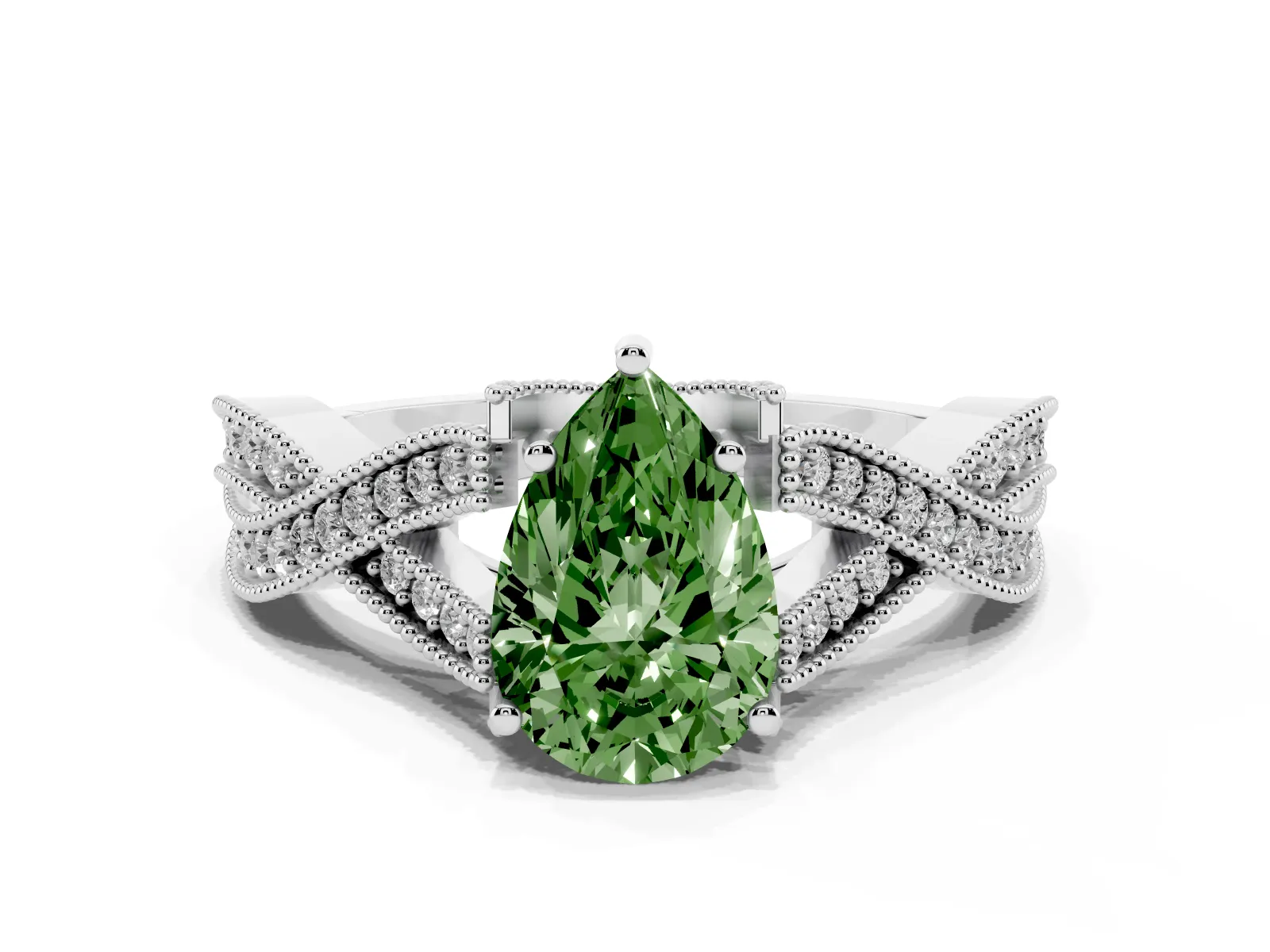 Fancy Green Pear Cut Cut Diamond Twisted Band with Milgrain Pave Setting and Four-Prong Setting Platinum