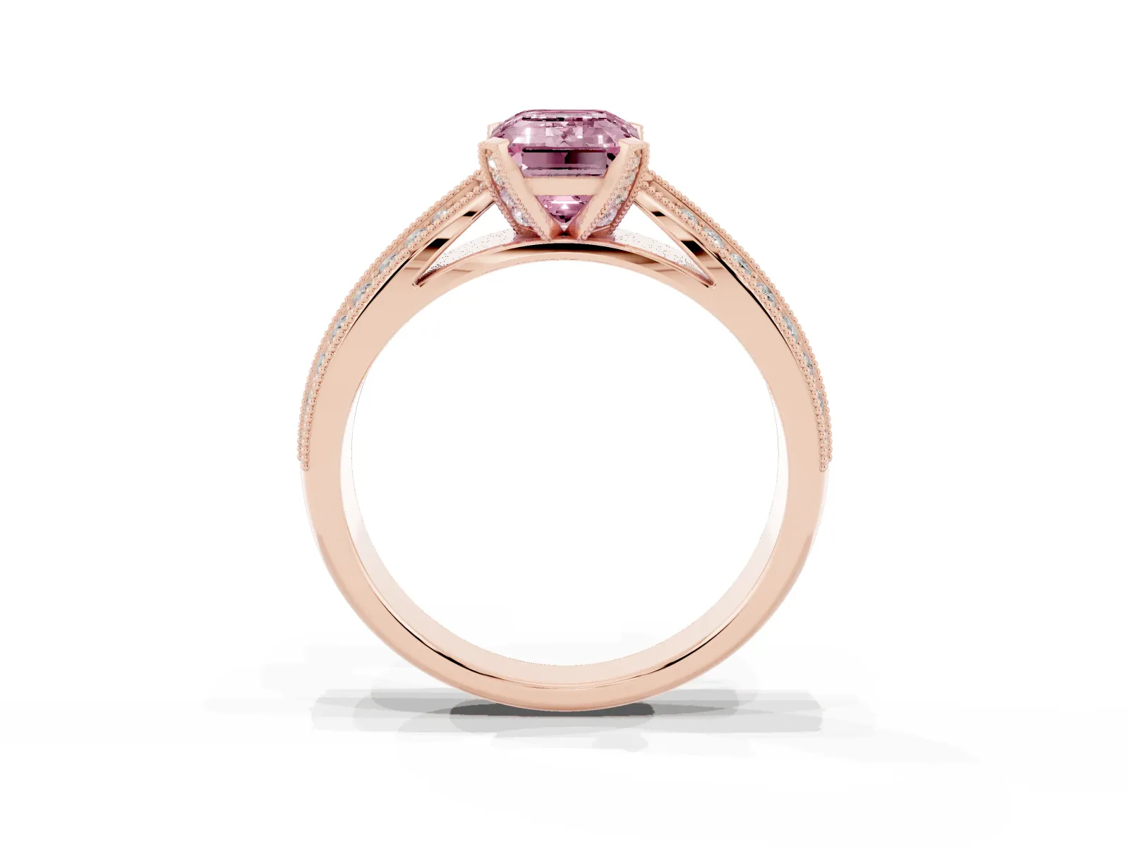 Fancy Pink Emerald Cut Diamond Solitaire Ring with Milgrain Round Pavé Band and Prong Setting Rose gold