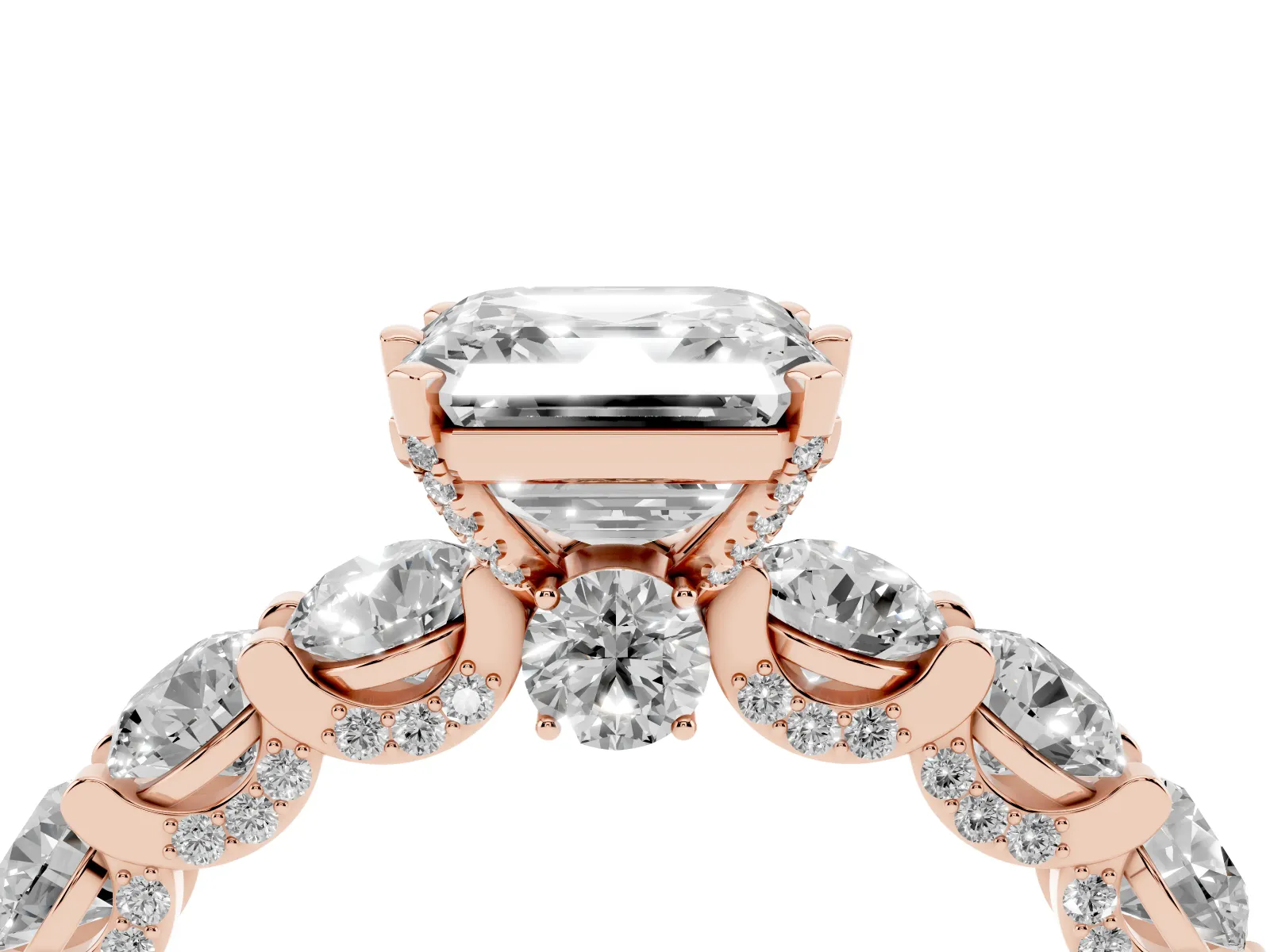 Asscher Cut Diamond Side Stone Engagement Ring with Four-Prong Setting Rose gold