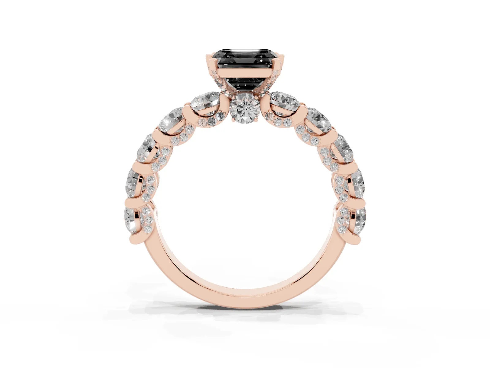 Fancy Black Asscher Cut Diamond Side Stone Engagement Ring with Four-Prong Setting Rose gold