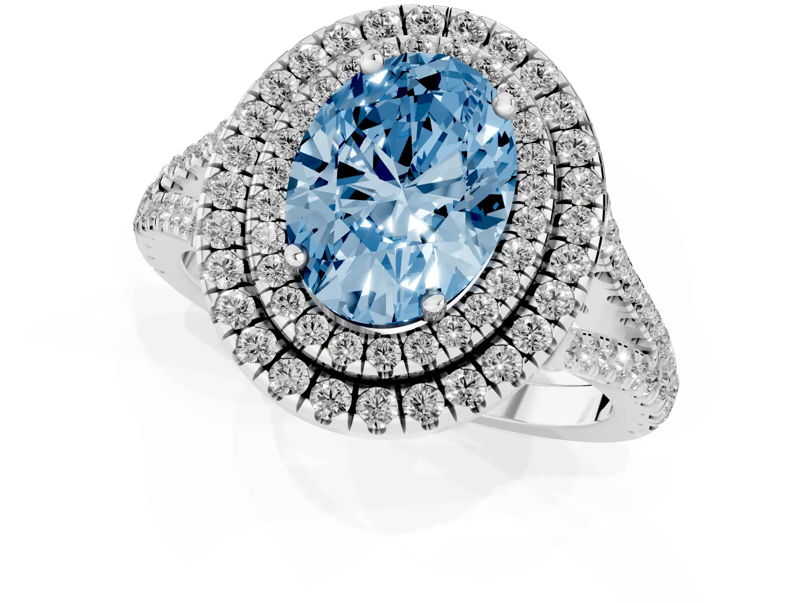 Fancy Blue Oval Cut Diamond Double Halo Ring with Pavé Band and Prong Setting Platinum