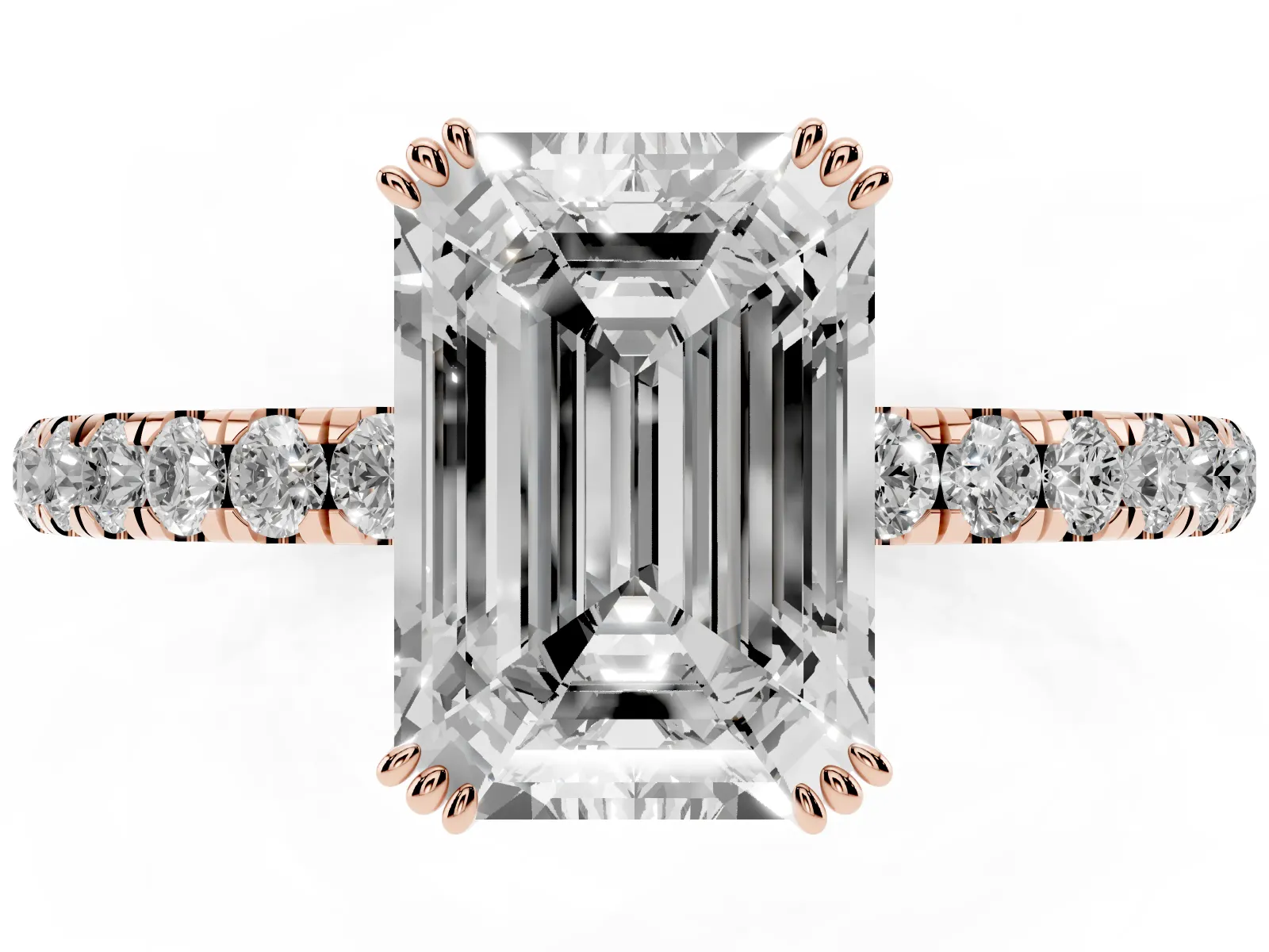 Emerald Cut Brilliant Solitaire with Pavé Band and Claw Prong Setting Rose gold