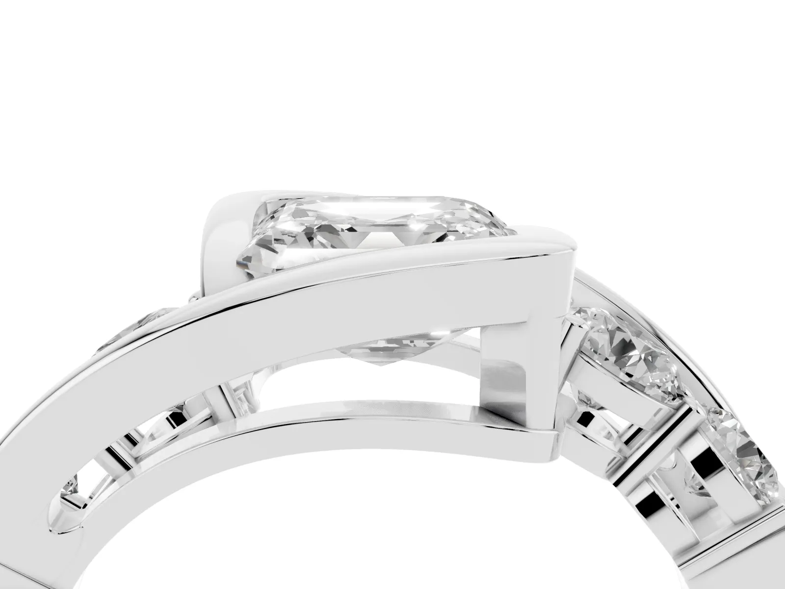 Bezel Set Asscher Cut Diamond Bypass Ring with Round Accents Platinum