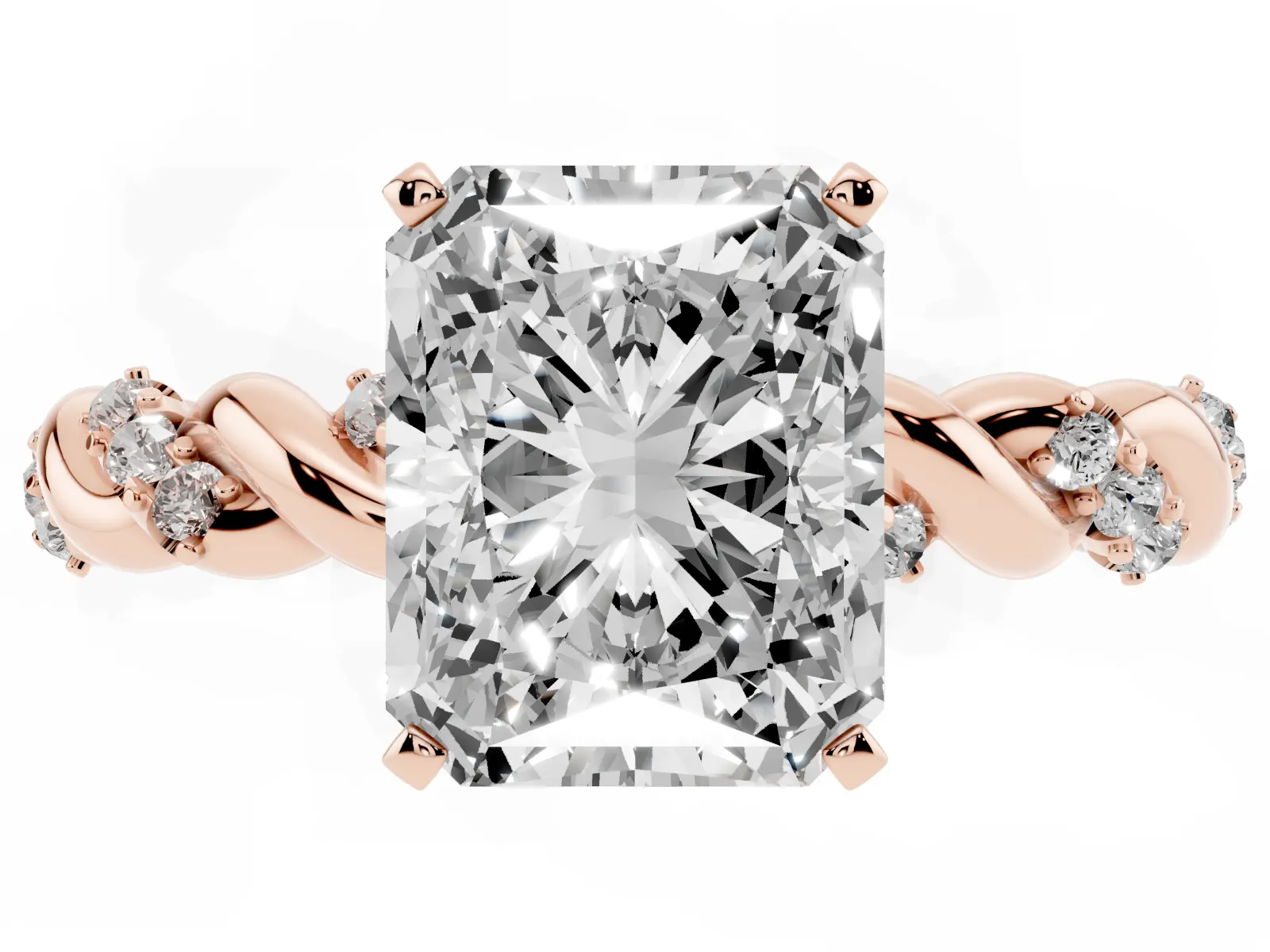 Radiant Cut Diamond Solitaire Ring with Twisted Band and Pavé Accents Rose gold