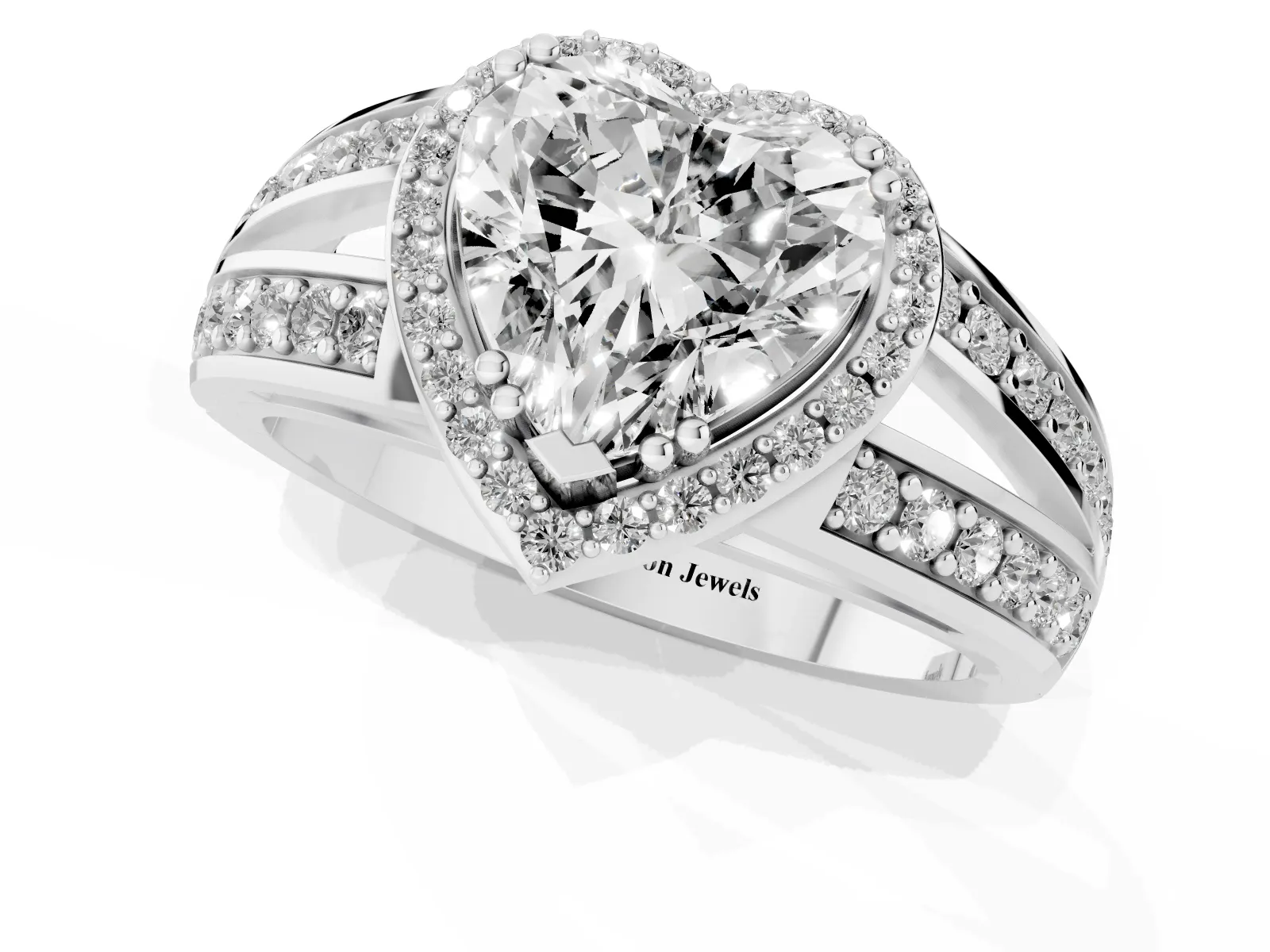 Heart Cut Diamond Halo Ring with Split Shank Pavé Band and Four-Prong Setting Platinum