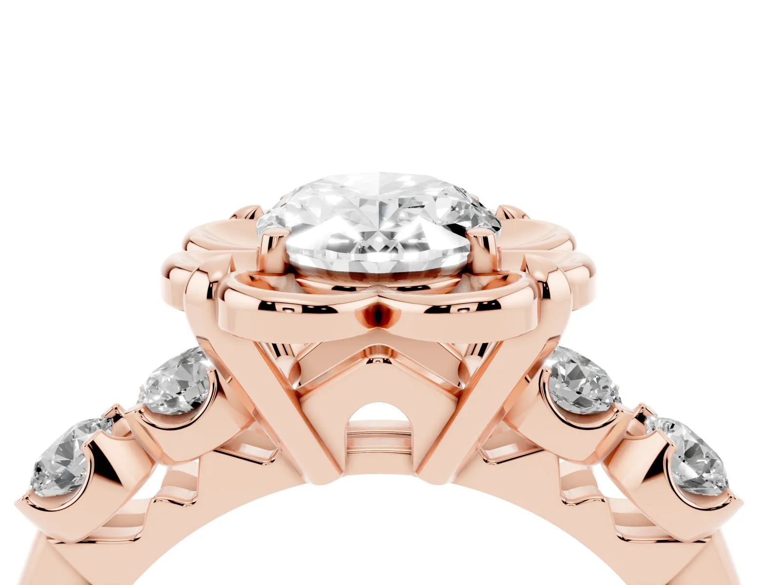 Oval Cut Cut Diamond Floral Halo Engagement Ring with Shared Prong Setting Rose gold