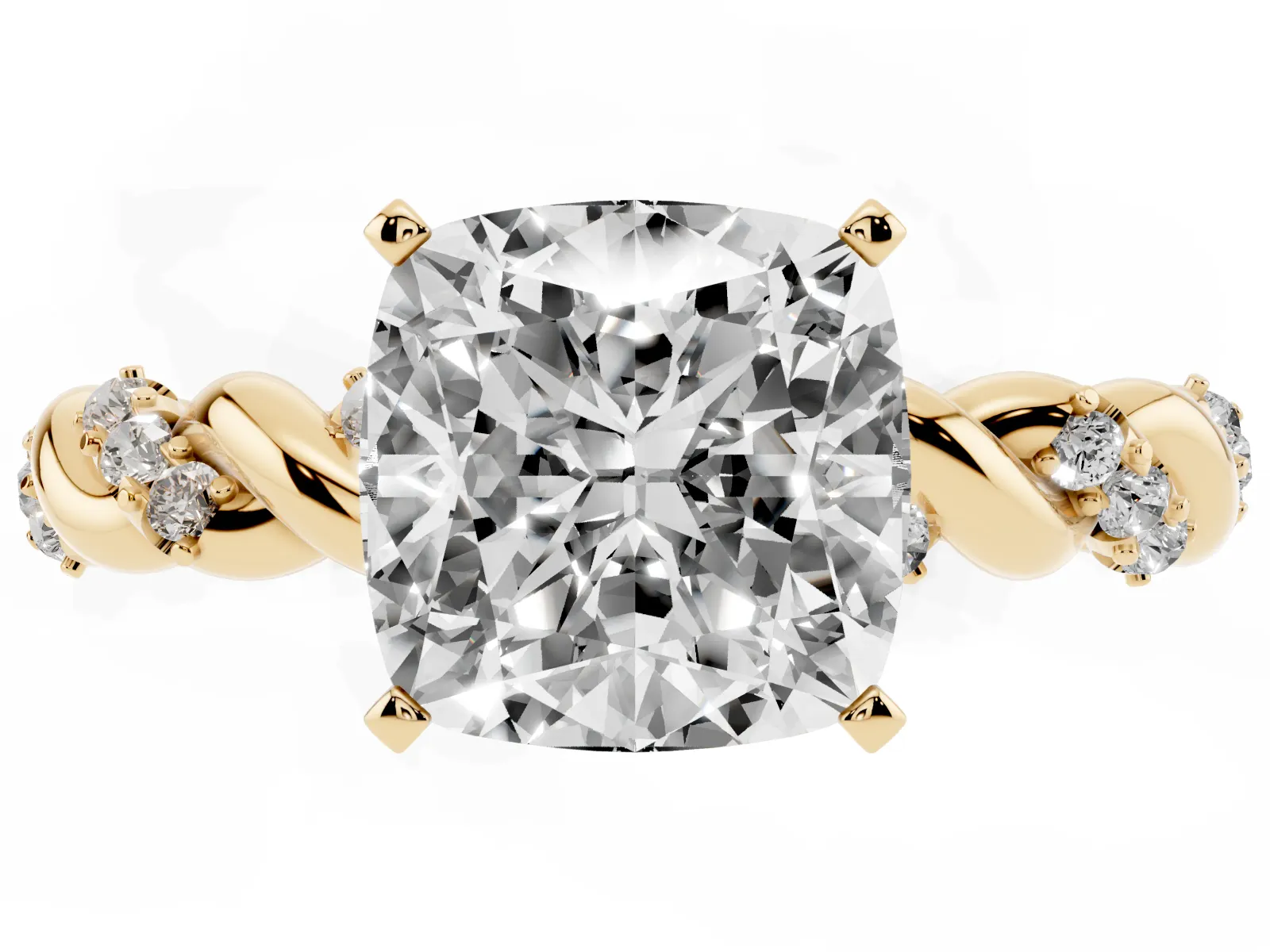 Cushion Cut Diamond Solitaire Ring with Twisted Band and Pavé Accents Yellow gold