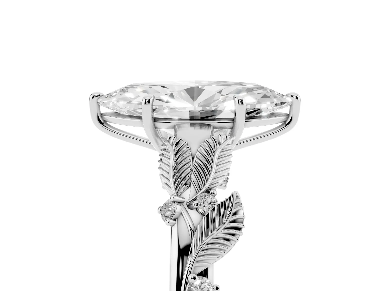 Marquise Cut Diamond Solitaire Ring with Leaf Motif Band and Four-Prong Setting Platinum