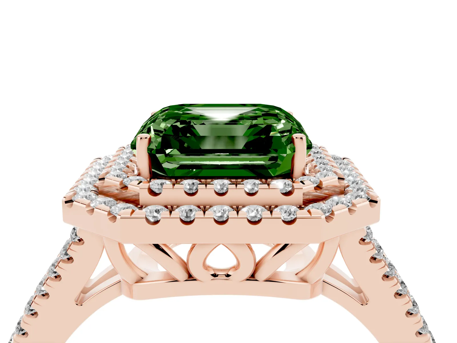 Fancy Green Asscher Cut Diamond Double Halo Ring with Pavé Band and Prong Setting Rose gold