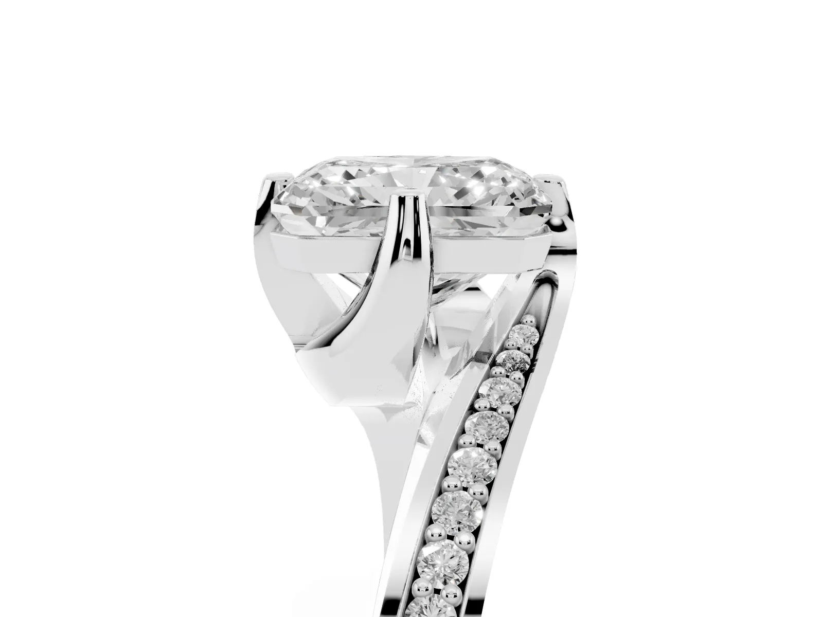 Radiant Cut Solitaire Diamond Twist Band with Pavé Setting and Four-Prong Setting Platinum