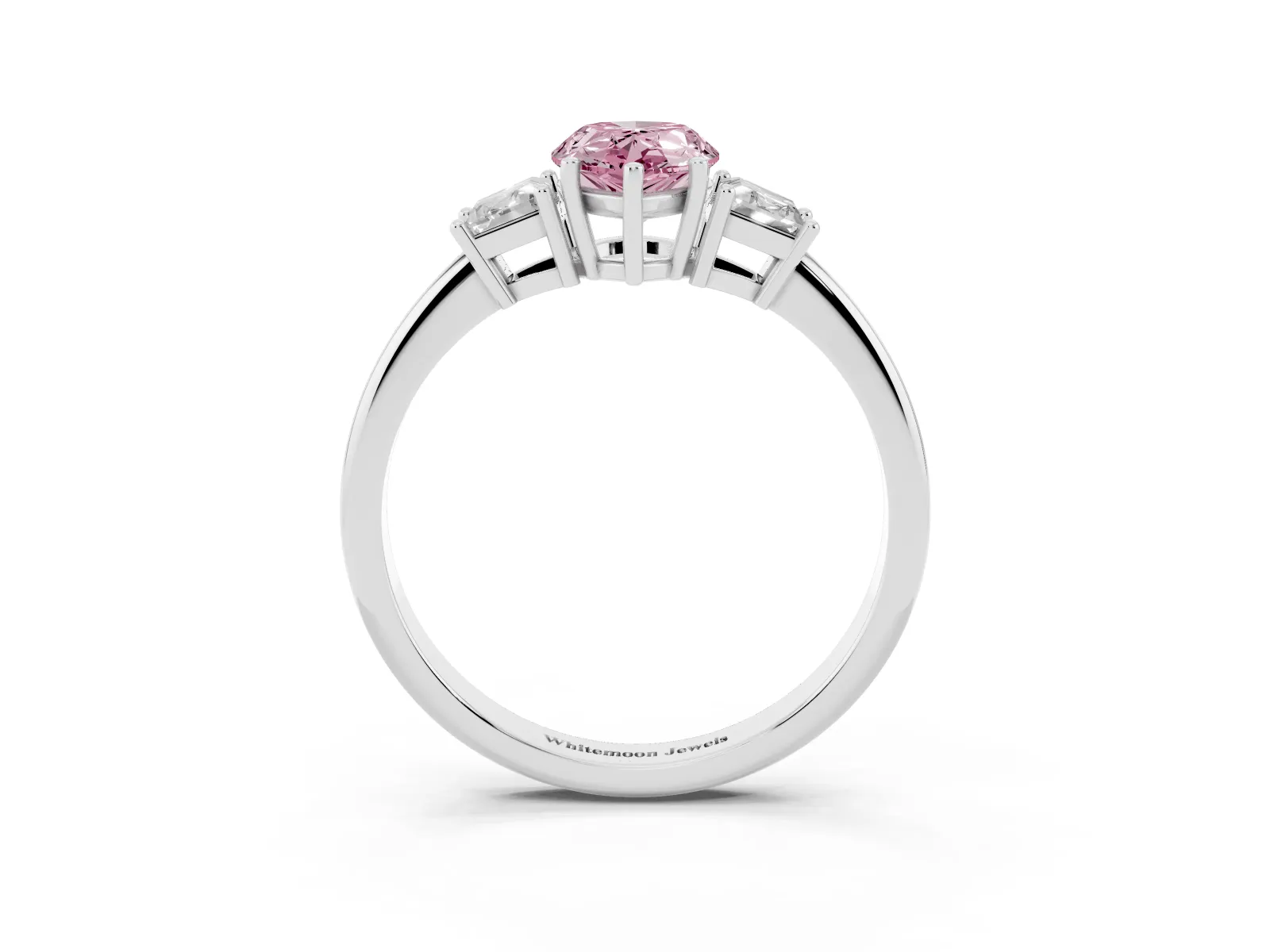 Fancy Pink Pear Cut Diamond Three-Stone Ring with Trapezoid Side Stones and Prong Setting Platinum