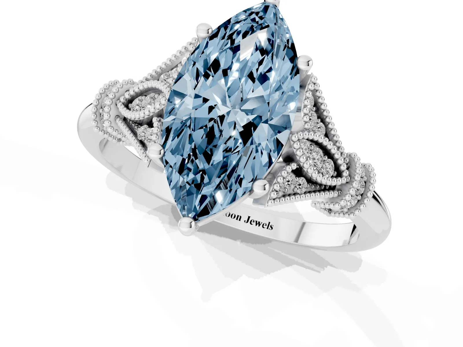 Fancy Blue Marquise Cut Diamond Solitaire Ring with Floral Filigree and Pave Accents Platinum