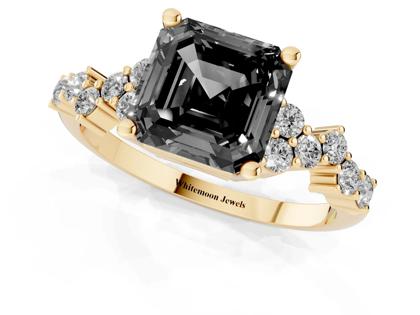 Fancy Black Asscher Cut Diamond Scattered Round Accent Ring with Prong Setting Yellow gold