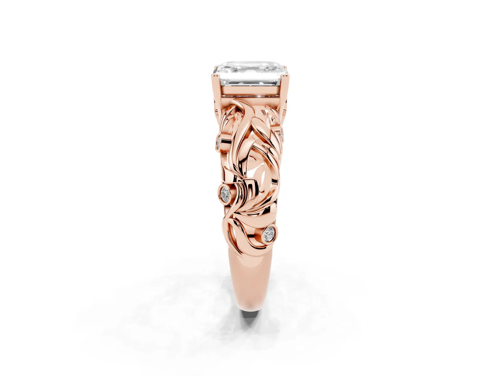 Asscher Cut Solitaire Diamond Leaf-Inspired Vine Band Ring with Prong Setting Rose gold