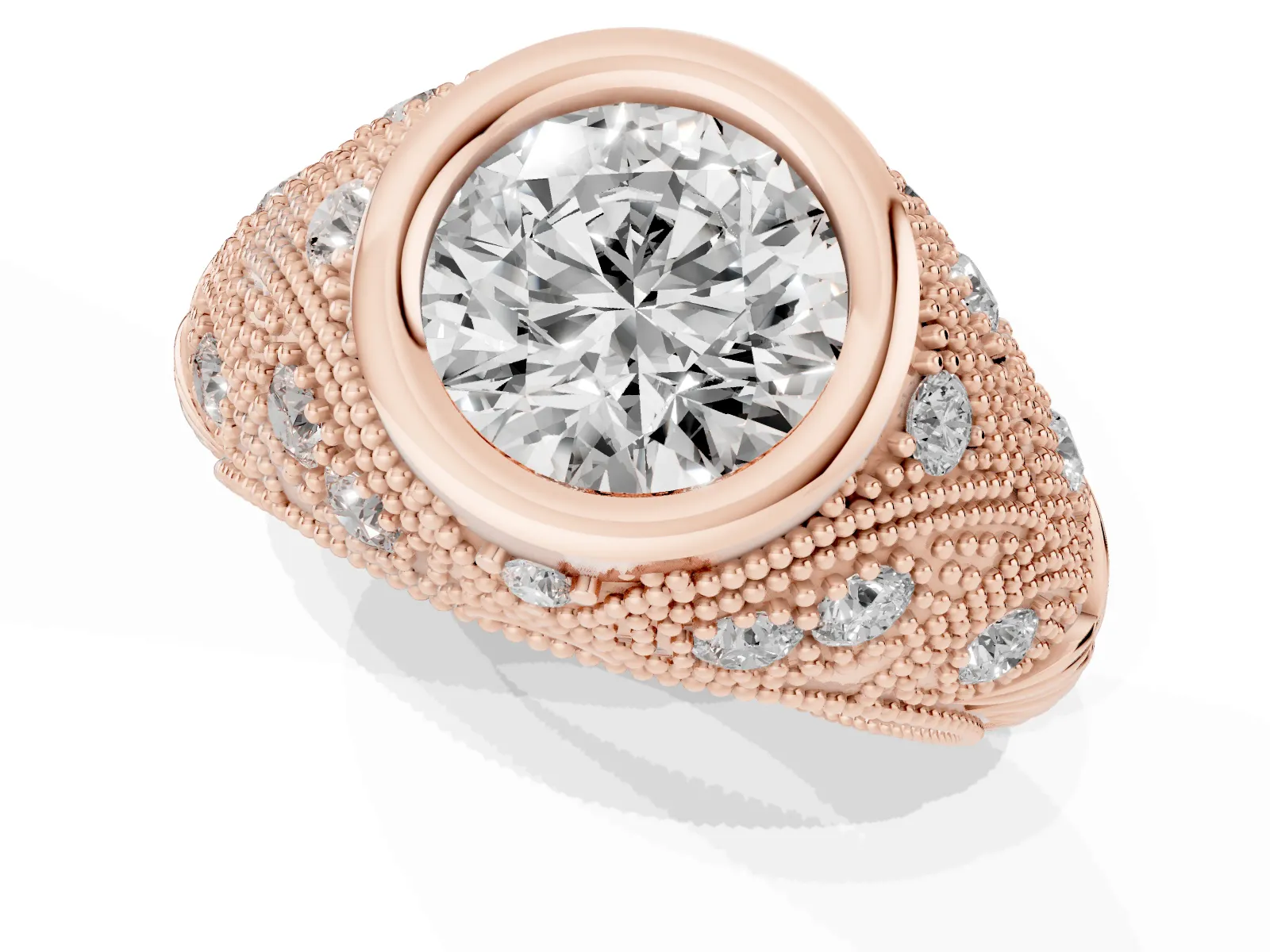 Bezel Set Round Cut Diamond Milgrain Band Ring Rose gold