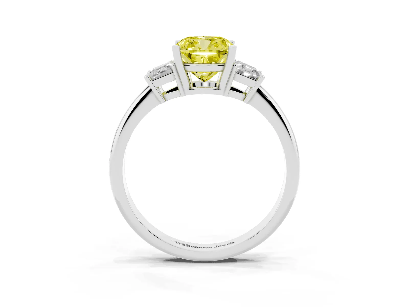 Fancy Yellow Cushion Cut Diamond Three-Stone Ring with Trapezoid Side Stones and Prong Setting Platinum