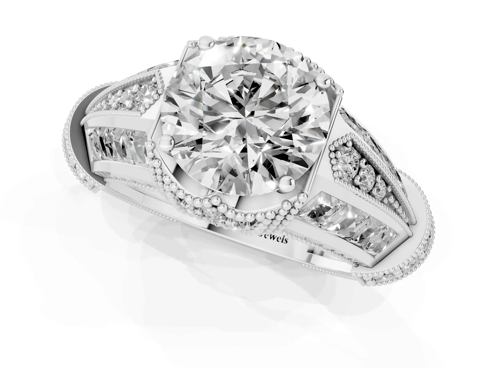 Vintage Milgrain Round Cut Diamond Split Shank Ring with Prong Setting Silver