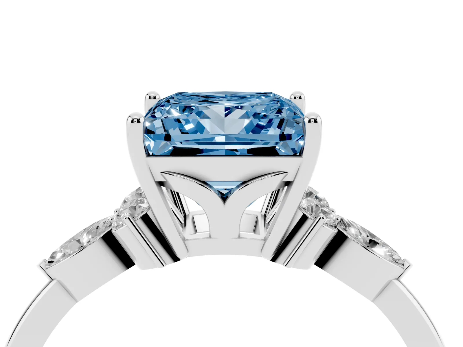 Fancy Blue Princess Cut Brilliant Diamond Solitaire Ring with Pear Side Stones and Four-Prong Setting Platinum