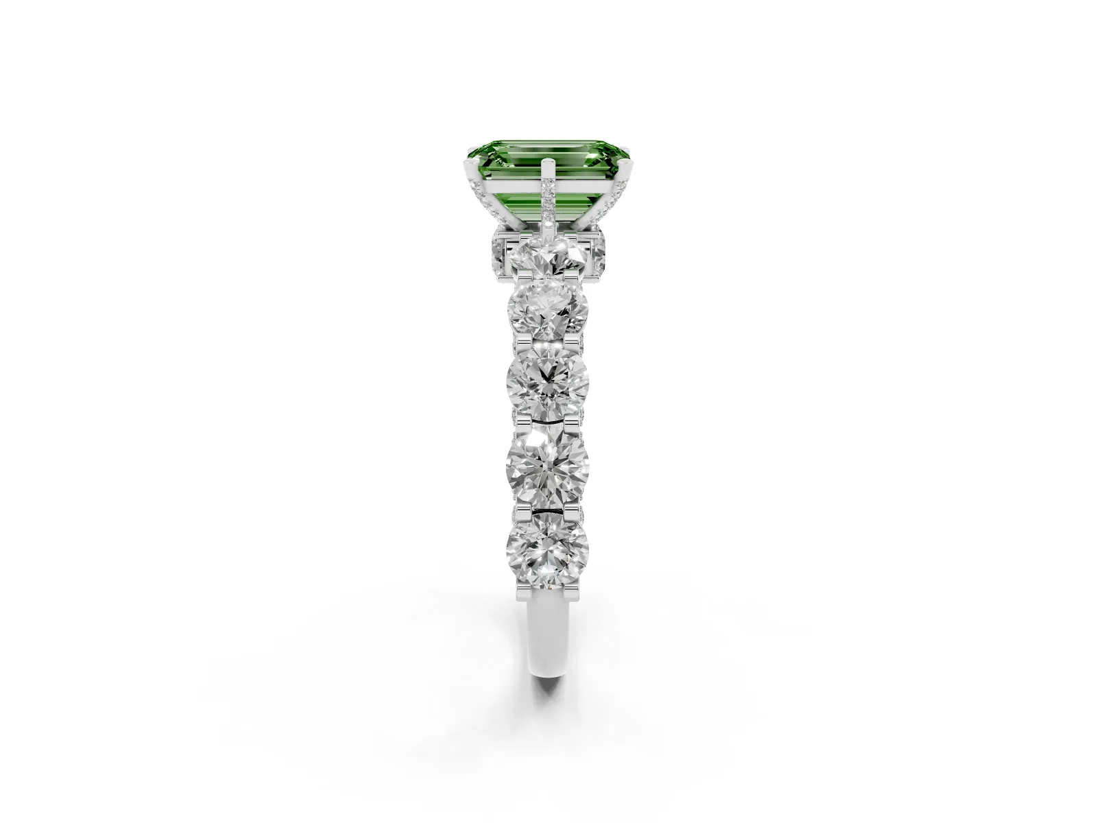 Fancy Green Emerald Cut Diamond Side Stone Engagement Ring with Four-Prong Setting White gold