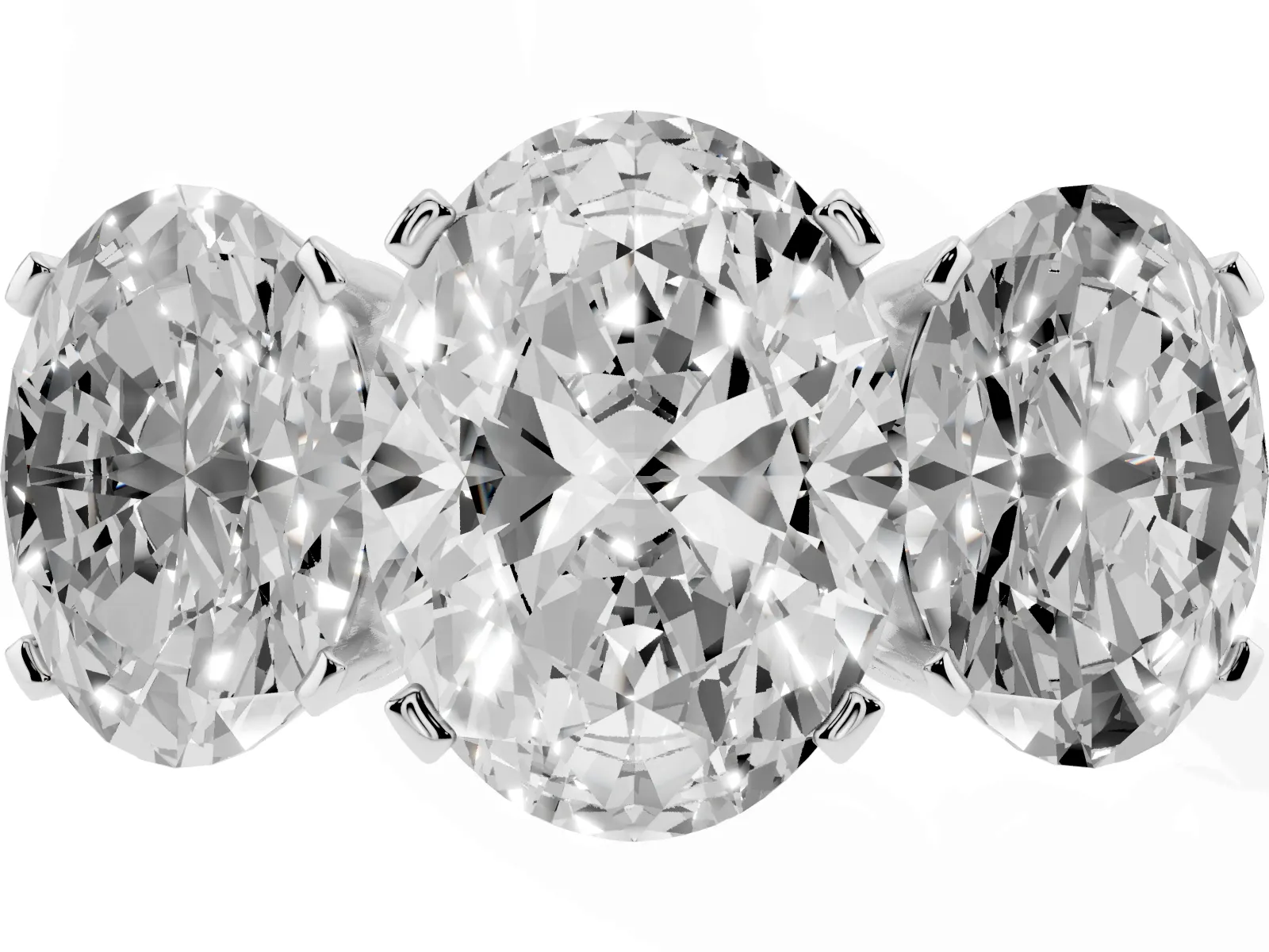 Three-Stone Oval Cut Cut Diamond Ring with Channel Set Band and Four-Prong Setting Platinum