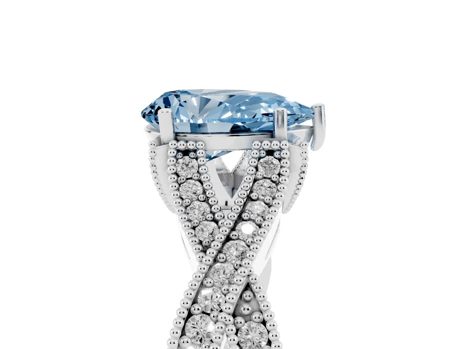 Fancy Blue Pear Cut Cut Diamond Twisted Band with Milgrain Pave Setting and Four-Prong Setting Platinum
